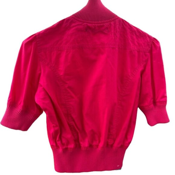 Vintage Y2K Barbie Pink Snap Button Up Canvas Ribbed Collar Short Sleeve Jacket - Picture 2 of 4